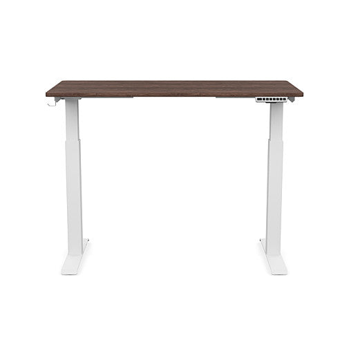 Front view of the SitonIt Switchback Height Adjustable Sit-to-Stand Desk. It has a White base with a 24"D x 48"W Walnut top - Kansas City Office Furniture
