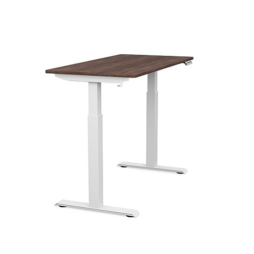 Side view of the SitonIt Switchback Height Adjustable Sit-to-Stand Desk. It has a White base with a 24"D x 48"W Walnut top - Kansas City Office Furniture