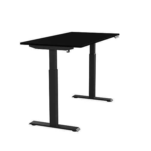 Side view of the SitonIt Switchback Height Adjustable Sit-to-Stand Desk. It has a Black base with a 27"D x 54"W Black top - Kansas City Office Furniture