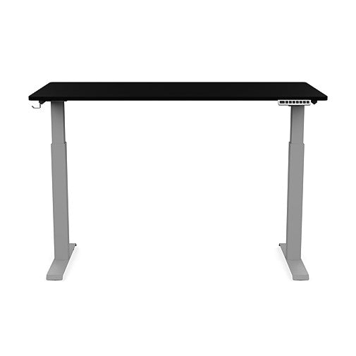 Front view of the SitonIt Switchback Height Adjustable Sit-to-Stand Desk. It has a Silver base with a 27"D x 54"W Black top - Kansas City Office Furniture