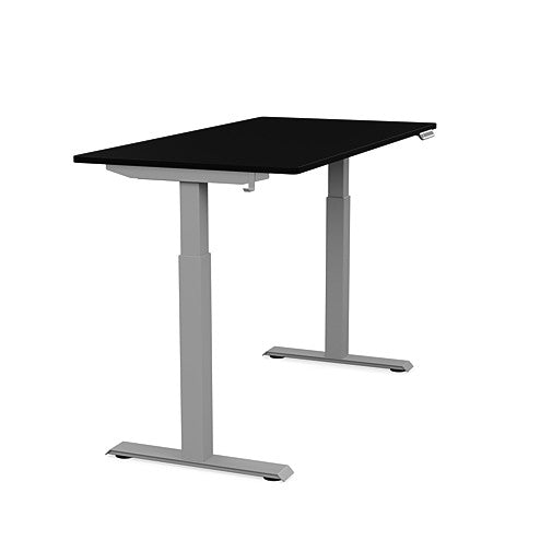 Side view of the SitonIt Switchback Height Adjustable Sit-to-Stand Desk. It has a Silver base with a 27"D x 54"W Black top - Kansas City Office Furniture