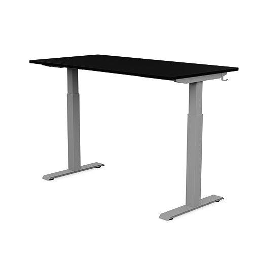 Back view of the SitonIt Switchback Height Adjustable Sit-to-Stand Desk. It has a Silver base with a 27"D x 54"W Black top - Kansas City Office Furniture
