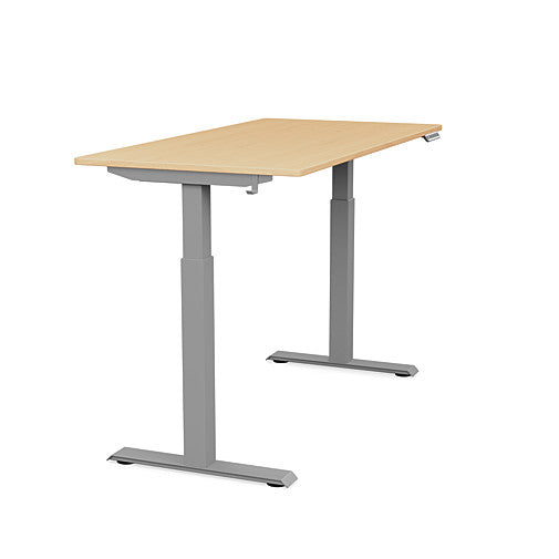 Side view of the SitonIt Switchback Height Adjustable Sit-to-Stand Desk. It has a Silver base with a 27"D x 54"W Maple top - Kansas City Office Furniture