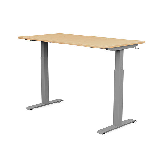 Back view of the SitonIt Switchback Height Adjustable Sit-to-Stand Desk. It has a Silver base with a 27"D x 54"W Maple top - Kansas City Office Furniture