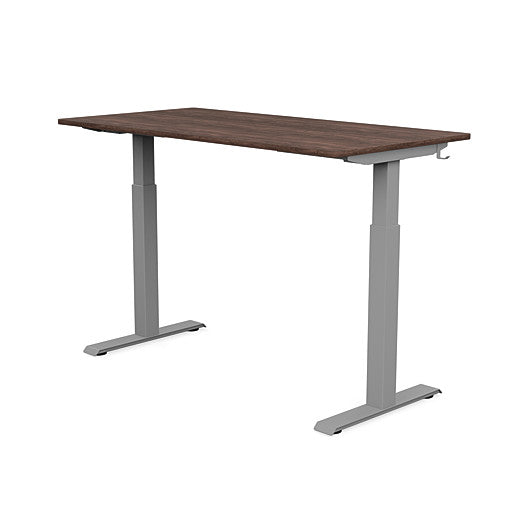 Back view of the SitonIt Switchback Height Adjustable Sit-to-Stand Desk. It has a Silver base with a 27"D x 54"W Walnut top - Kansas City Office Furniture