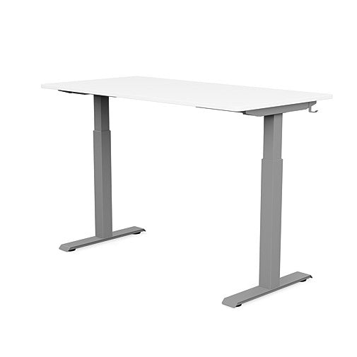 Back view of the SitonIt Switchback Height Adjustable Sit-to-Stand Desk. It has a Silver base with a 27"D x 54"W White top - Kansas City Office Furniture