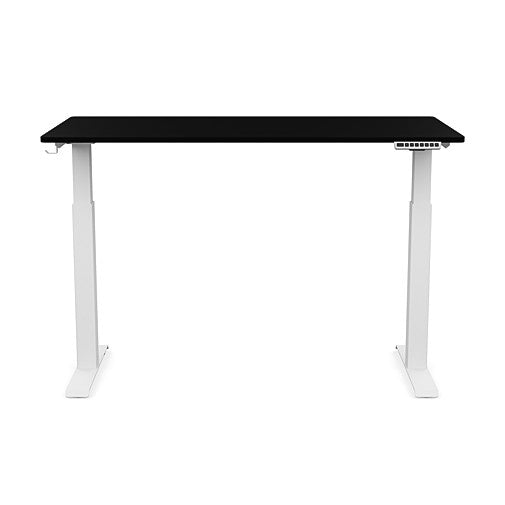 Front view of the SitonIt Switchback Height Adjustable Sit-to-Stand Desk. It has a White base with a 27"D x 54"W Black top - Kansas City Office Furniture