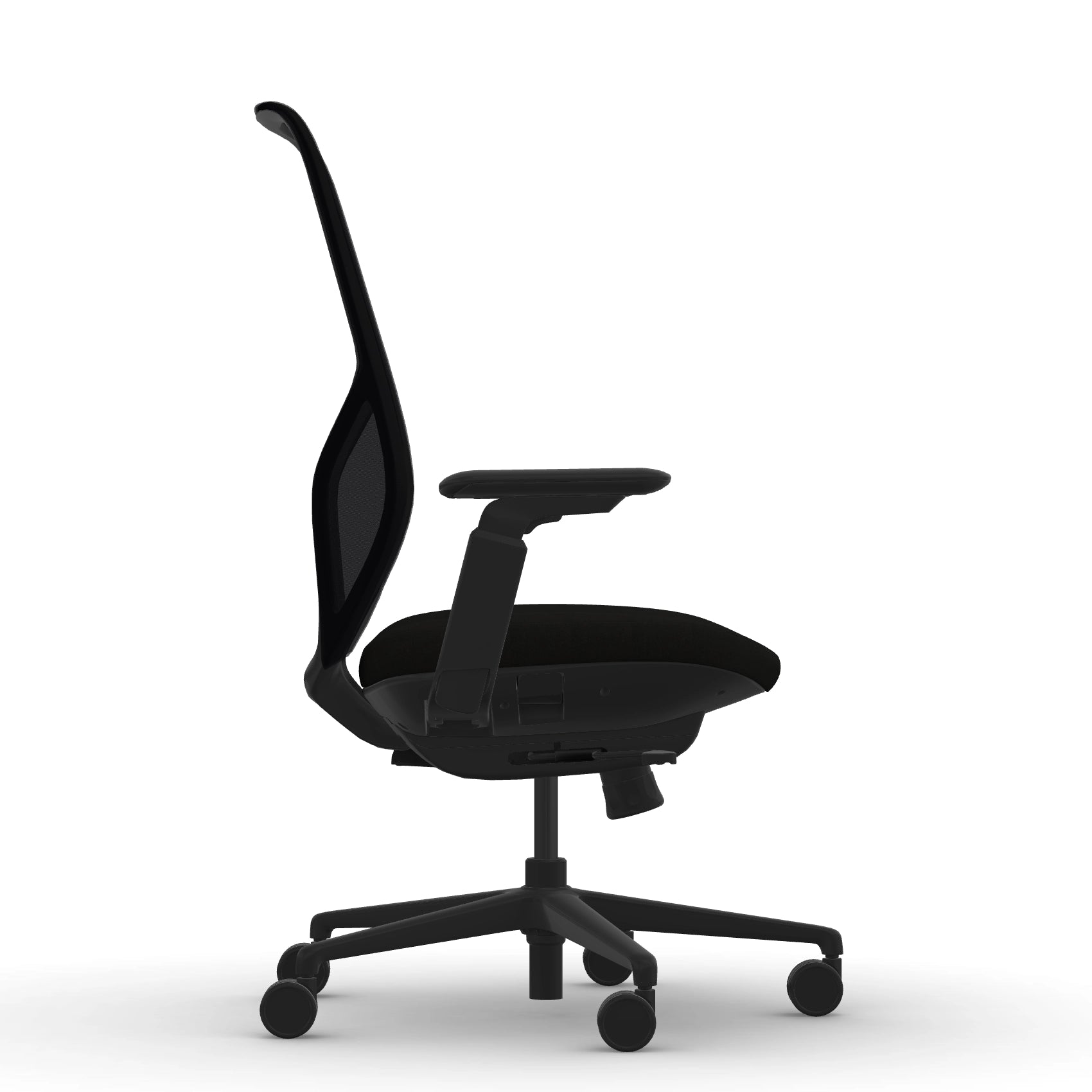 Side view of the 9to5 Tori Highback ergonomic task chair in black frame, black fabric, and black mesh. Kansas City Office Design.