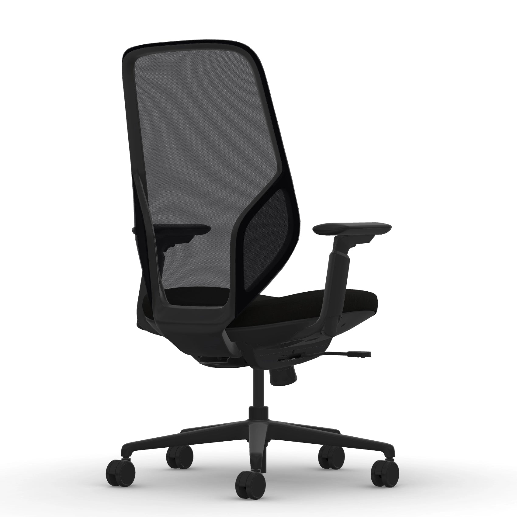 Back view of the 9to5 Tori Highback ergonomic task chair in black frame, black fabric, and black mesh. Kansas City Office Design.