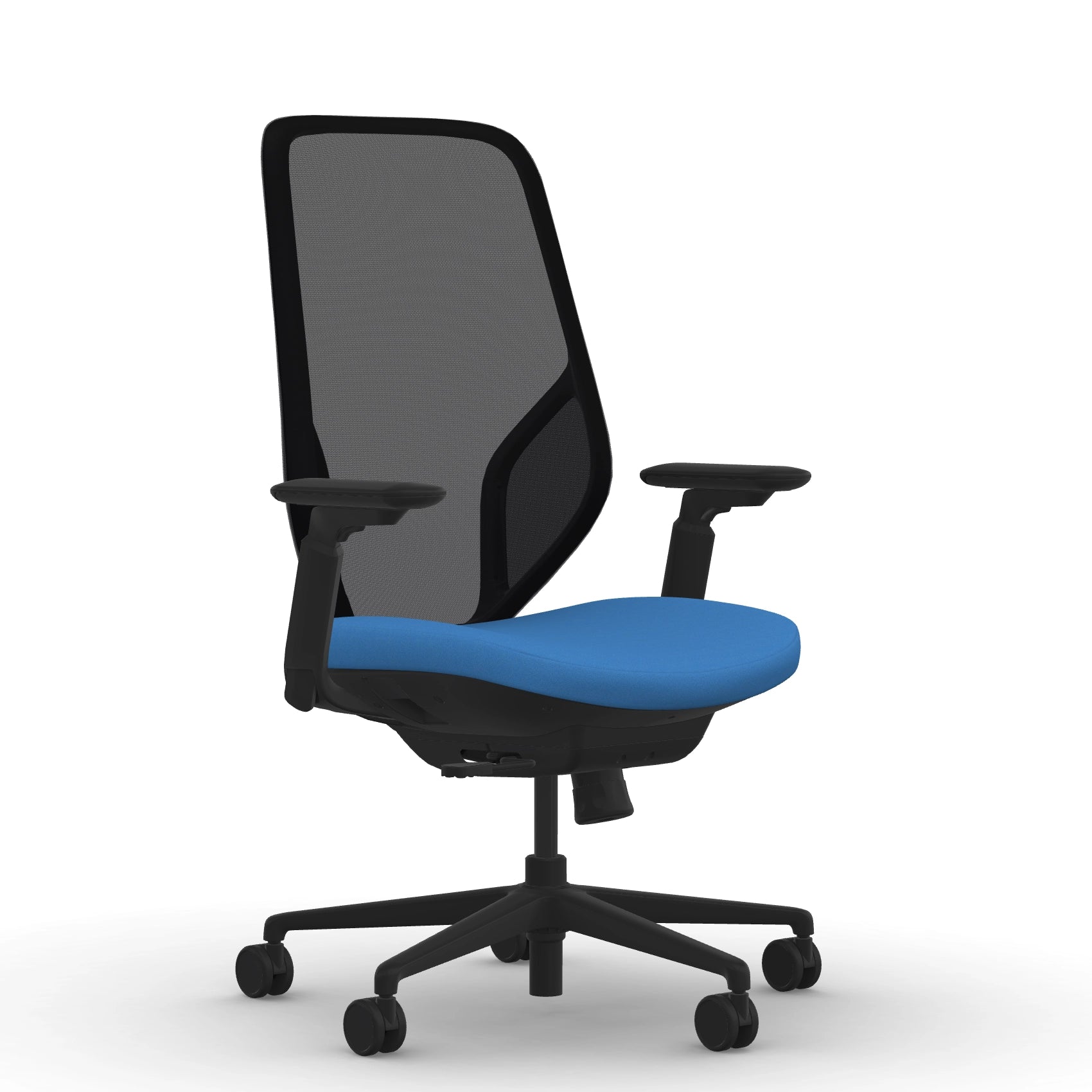 Front view of the 9to5 Tori Highback ergonomic task chair in black frame, blue fabric, and black mesh. Kansas City Office Design.