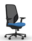 Front view of the 9to5 Tori Highback ergonomic task chair in black frame, blue fabric, and black mesh. Kansas City Office Design.