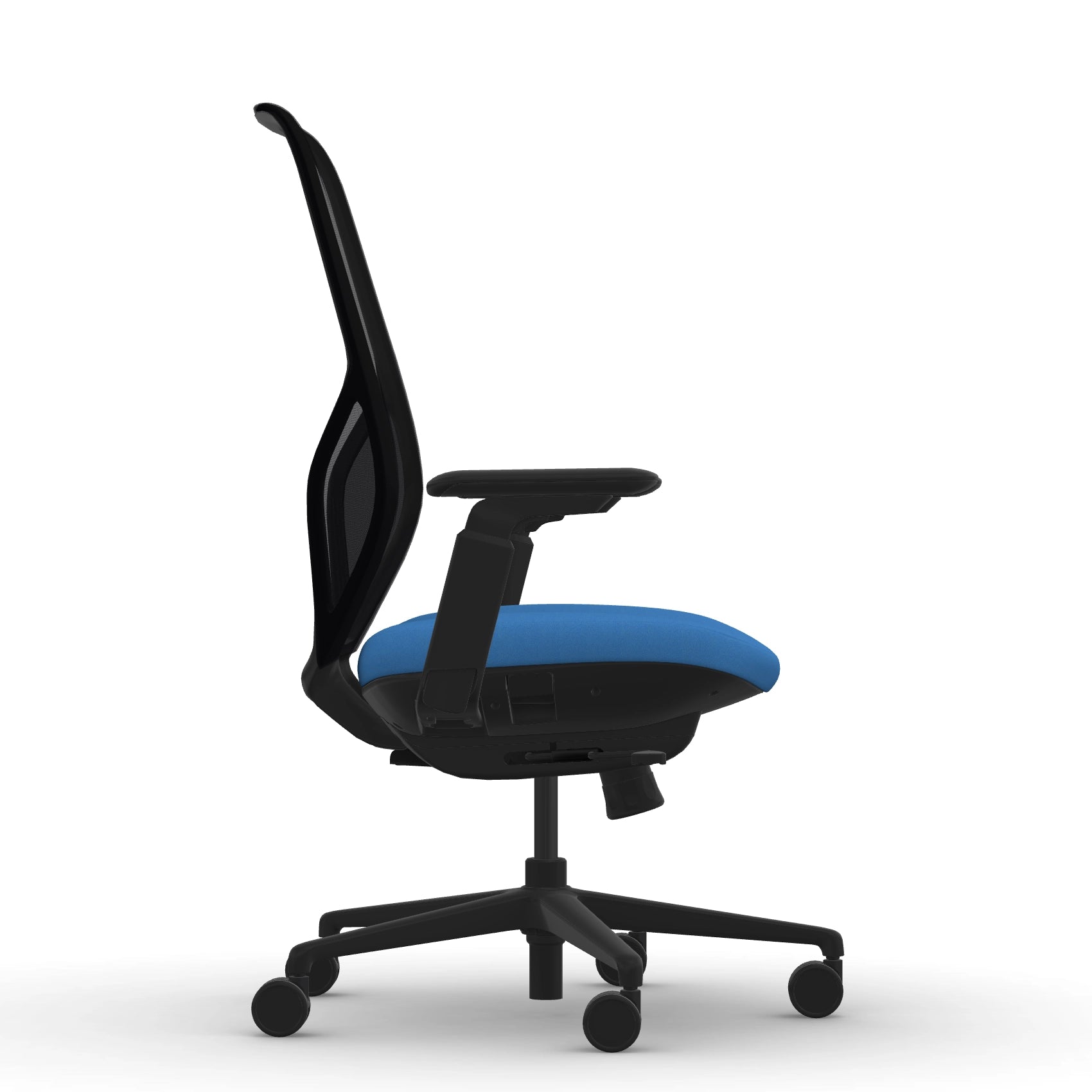 Side view of the 9to5 Tori Highback ergonomic task chair in black frame, blue fabric, and black mesh. Kansas City Office Design.