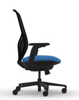 Side view of the 9to5 Tori Highback ergonomic task chair in black frame, blue fabric, and black mesh. Kansas City Office Design.