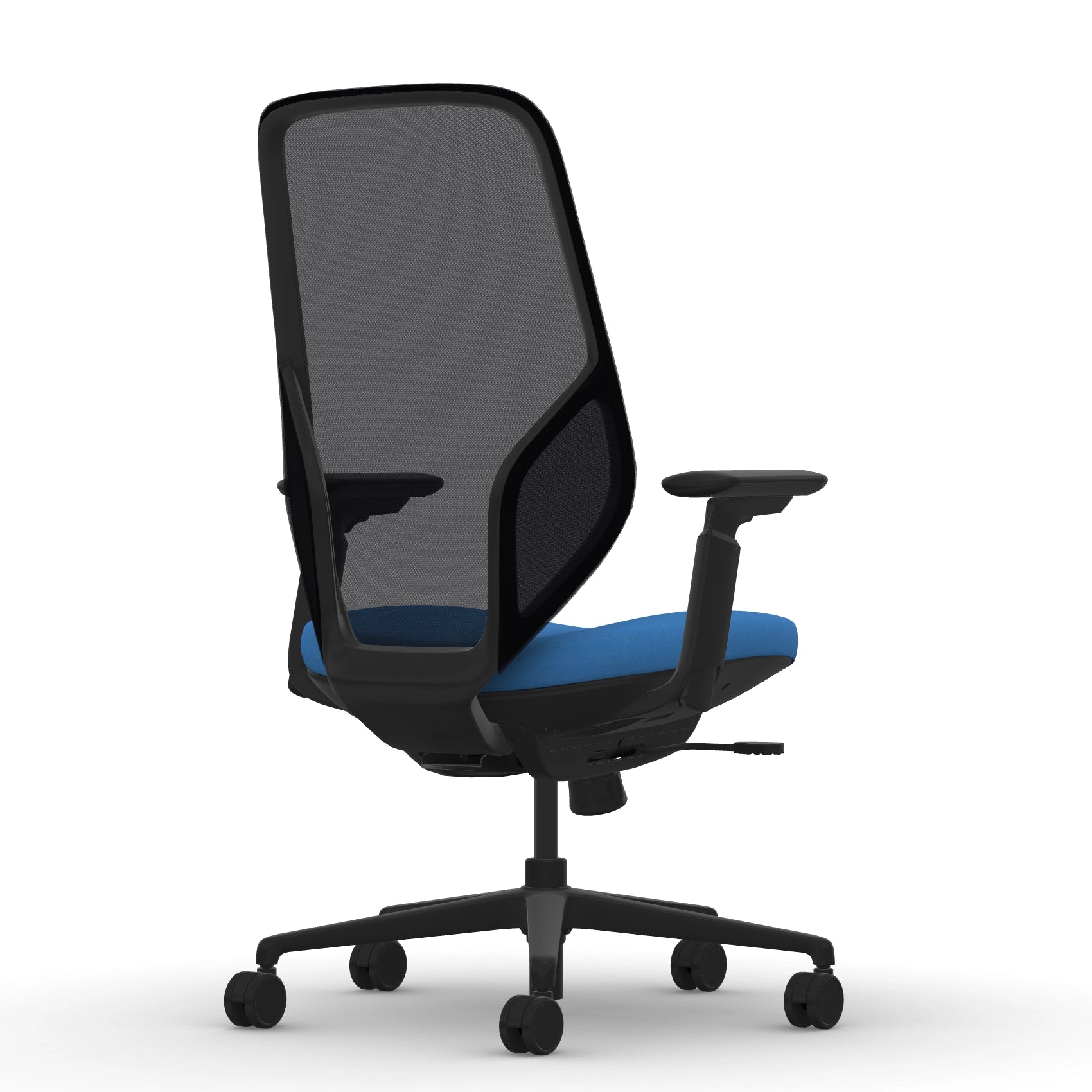 Back view of the 9to5 Tori Highback ergonomic task chair in black frame, blue fabric, and black mesh. Kansas City Office Design.