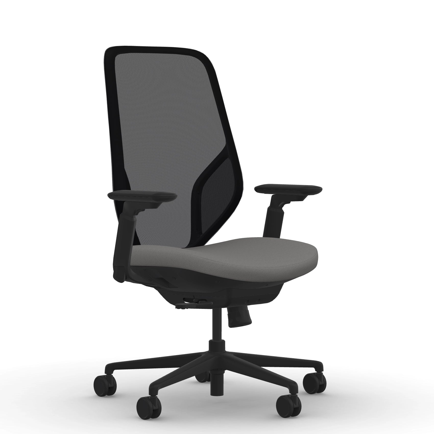 Front view of the 9to5 Tori Highback ergonomic task chair in black frame, gray fabric, and black mesh. Kansas City Office Design.