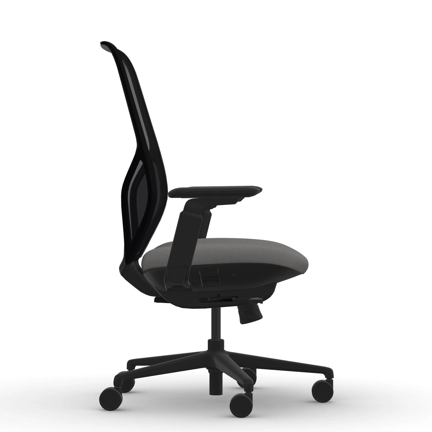 Side view of the 9to5 Tori Highback ergonomic task chair in black frame, gray fabric, and black mesh. Kansas City Office Design.