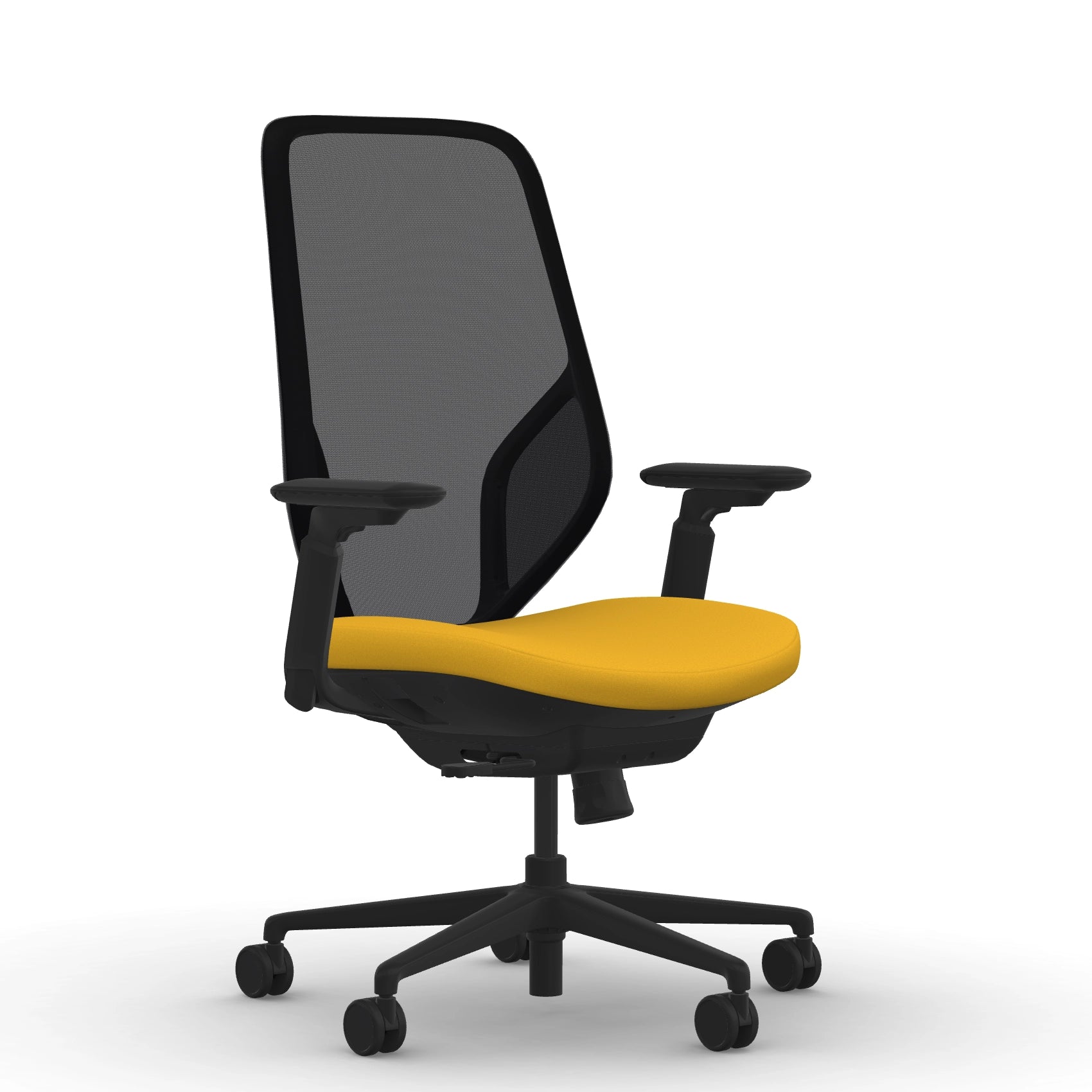 Front view of the 9to5 Tori Highback ergonomic task chair in black frame, yellow fabric, and black mesh. Kansas City Office Design.