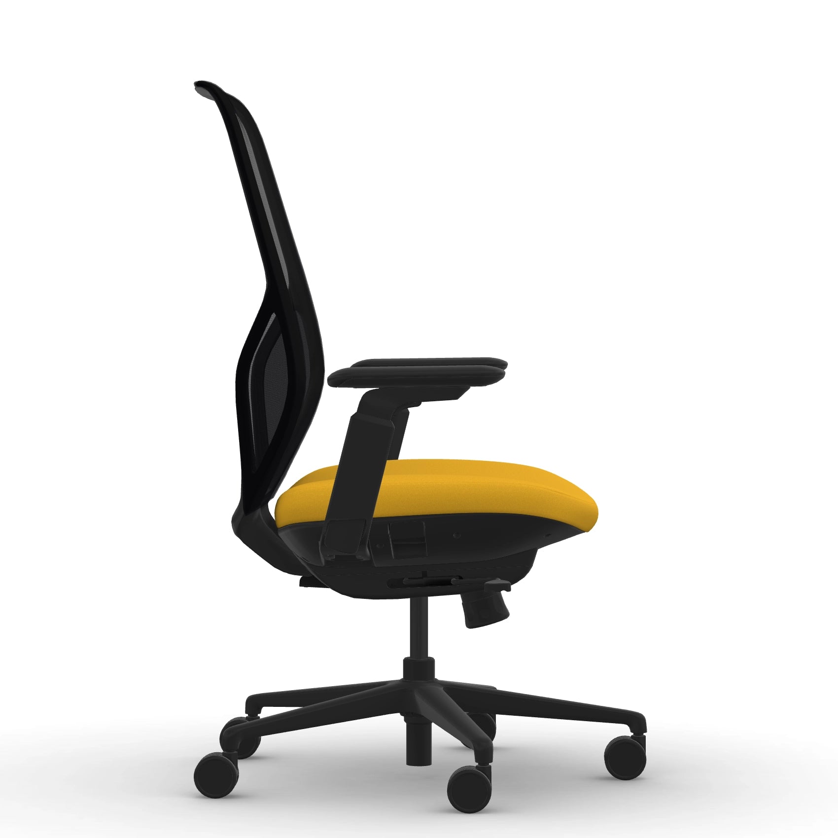 Side view of the 9to5 Tori Highback ergonomic task chair in black frame, yellow fabric, and black mesh. Kansas City Office Design.