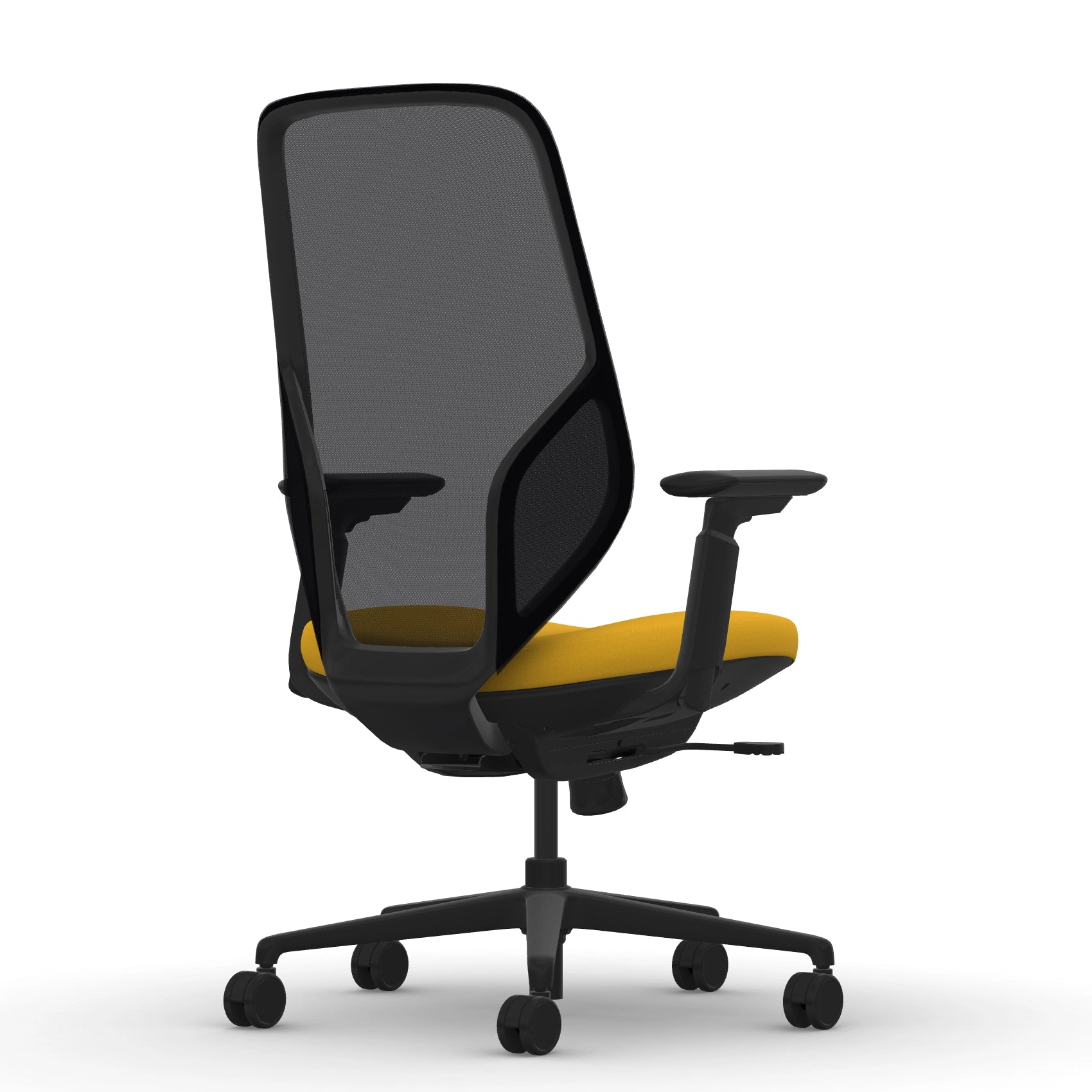 Back view of the 9to5 Tori Highback ergonomic task chair in black frame, yellow fabric, and black mesh. Kansas City Office Design.