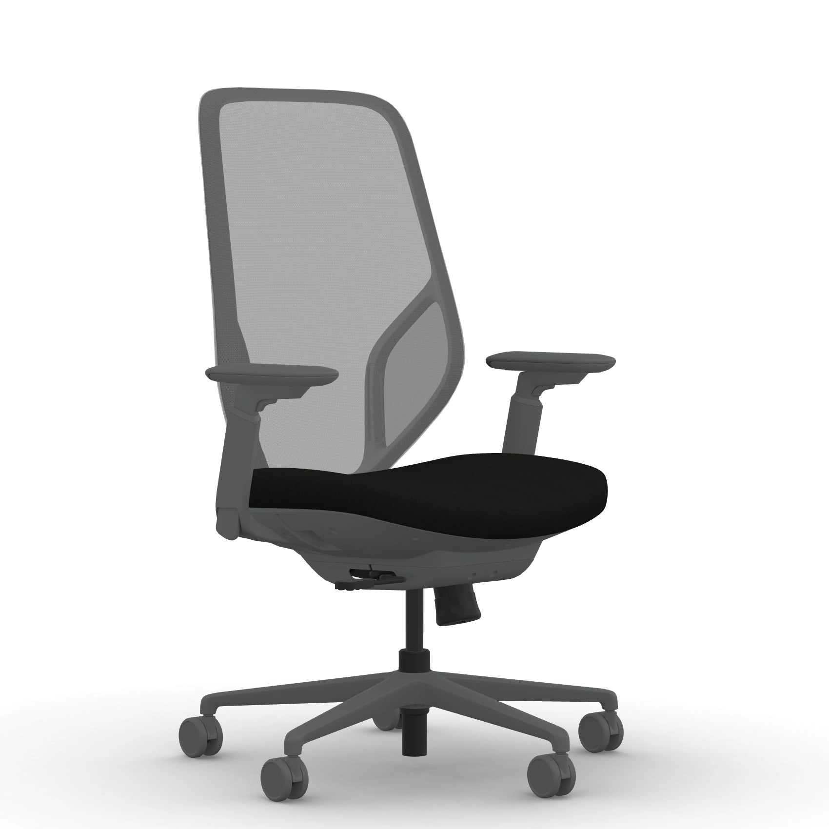 Front view of the 9to5 Tori Highback ergonomic task chair in gray frame, black fabric, and gray mesh. Kansas City Office Design.