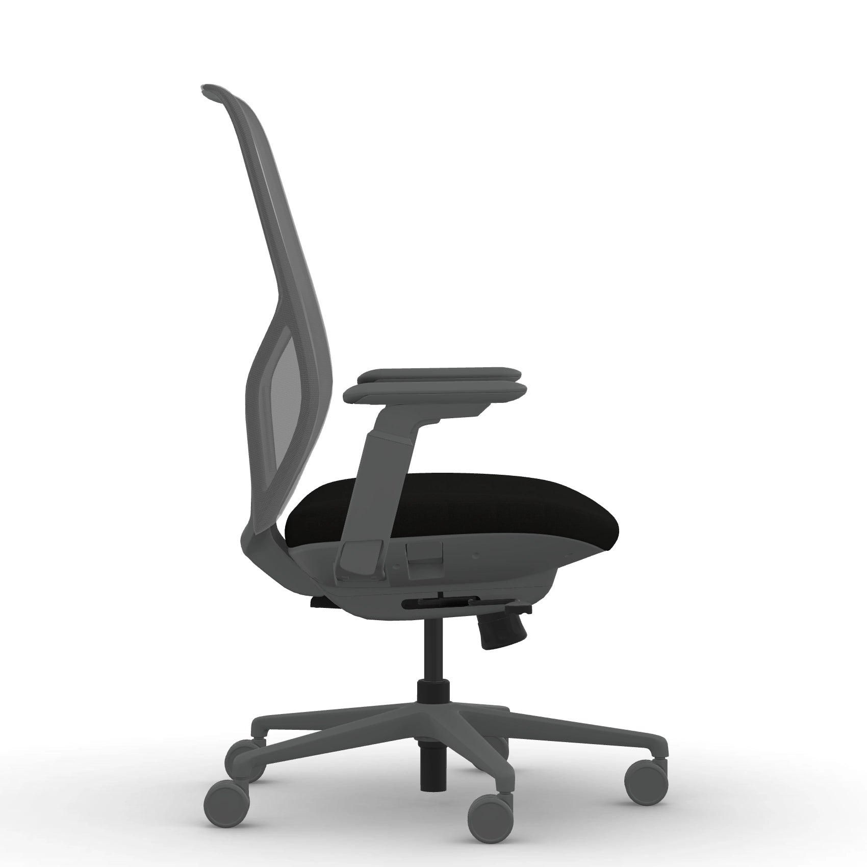 Side view of the 9to5 Tori Highback ergonomic task chair in gray frame, black fabric, and gray mesh. Kansas City Office Design.