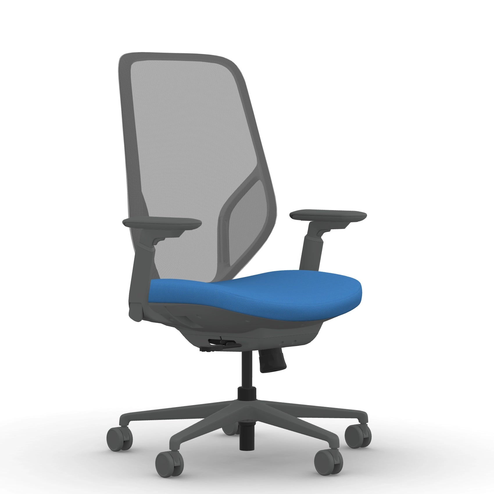 Front view of the 9to5 Tori Highback ergonomic task chair in gray frame, blue fabric, and gray mesh. Kansas City Office Design.