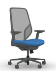 Front view of the 9to5 Tori Highback ergonomic task chair in gray frame, blue fabric, and gray mesh. Kansas City Office Design.