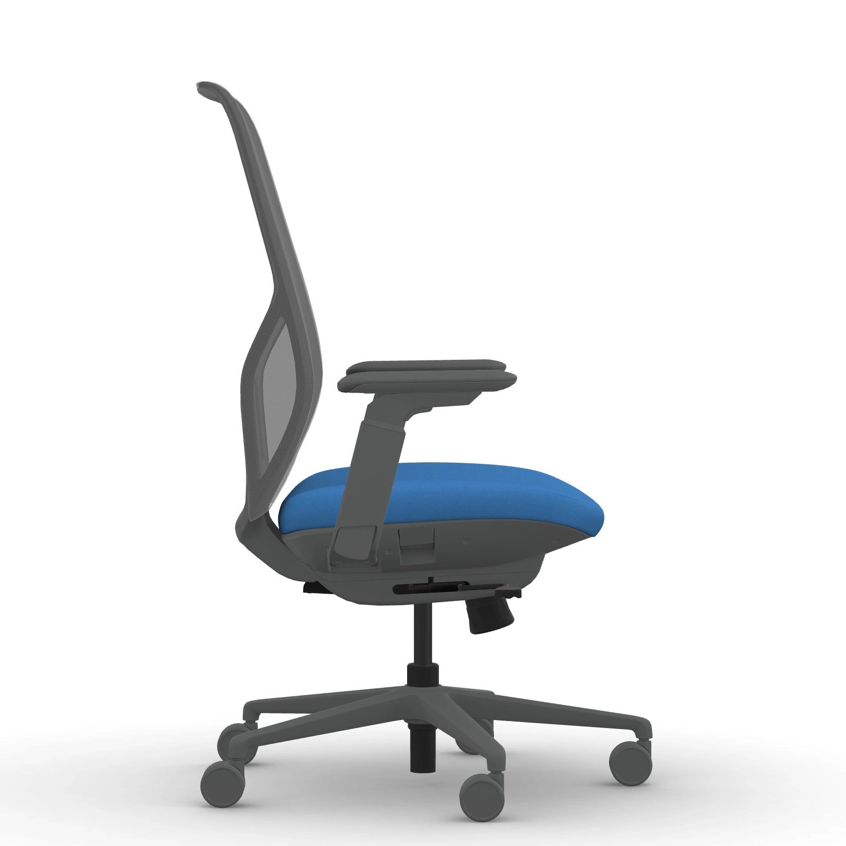 Side view of the 9to5 Tori Highback ergonomic task chair in gray frame, blue fabric, and gray mesh. Kansas City Office Design.