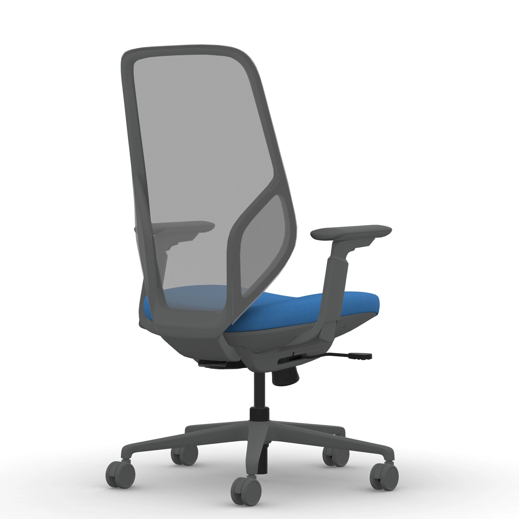 Back view of the 9to5 Tori Highback ergonomic task chair in gray frame, blue fabric, and gray mesh. Kansas City Office Design.
