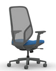 Back view of the 9to5 Tori Highback ergonomic task chair in gray frame, blue fabric, and gray mesh. Kansas City Office Design.