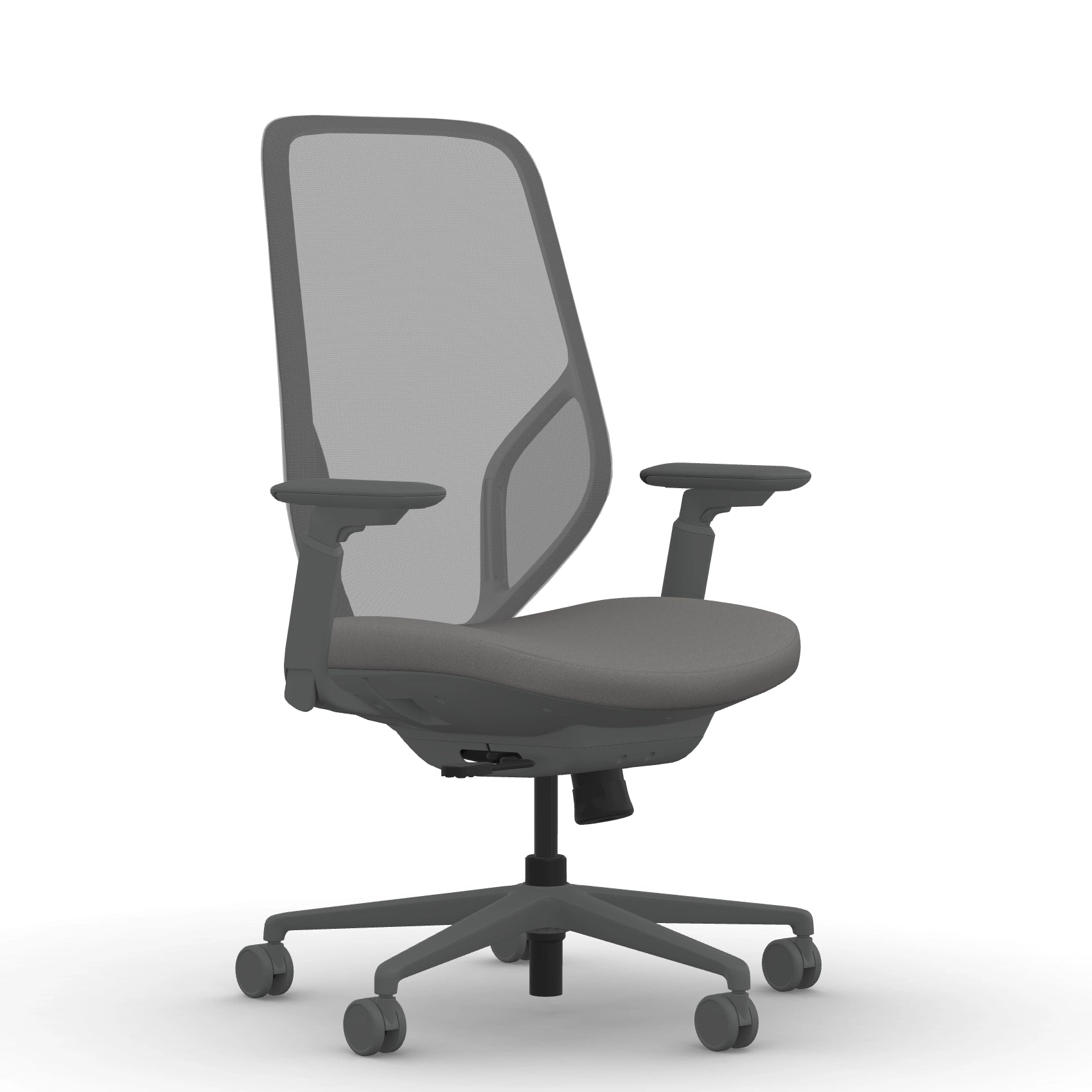 Front view of the 9to5 Tori Highback ergonomic task chair in gray frame, gray fabric, and gray mesh. Kansas City Office Design.