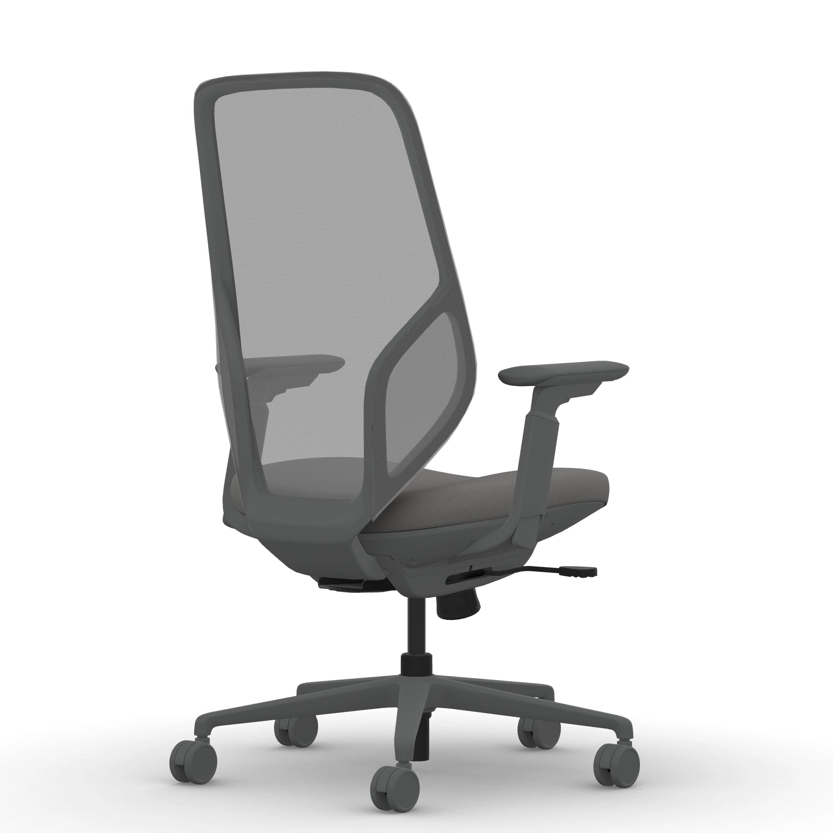 Back view of the 9to5 Tori Highback ergonomic task chair in gray frame, gray fabric, and gray mesh. Kansas City Office Design.