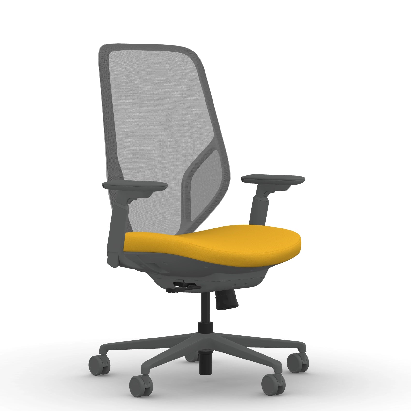 Front view of the 9to5 Tori Highback ergonomic task chair in gray frame, yellow fabric, and gray mesh. Kansas City Office Design.