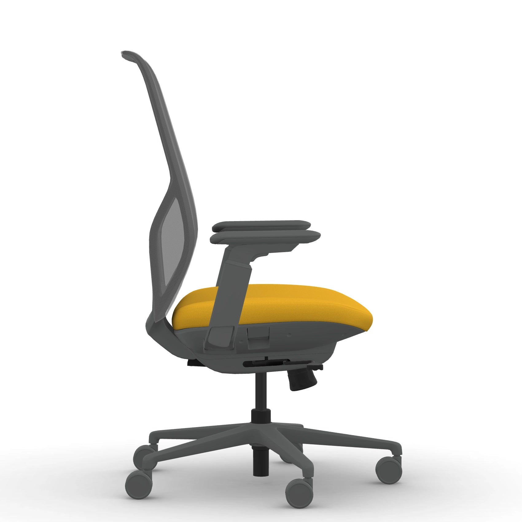 Side view of the 9to5 Tori Highback ergonomic task chair in gray frame, yellow fabric, and gray mesh. Kansas City Office Design.