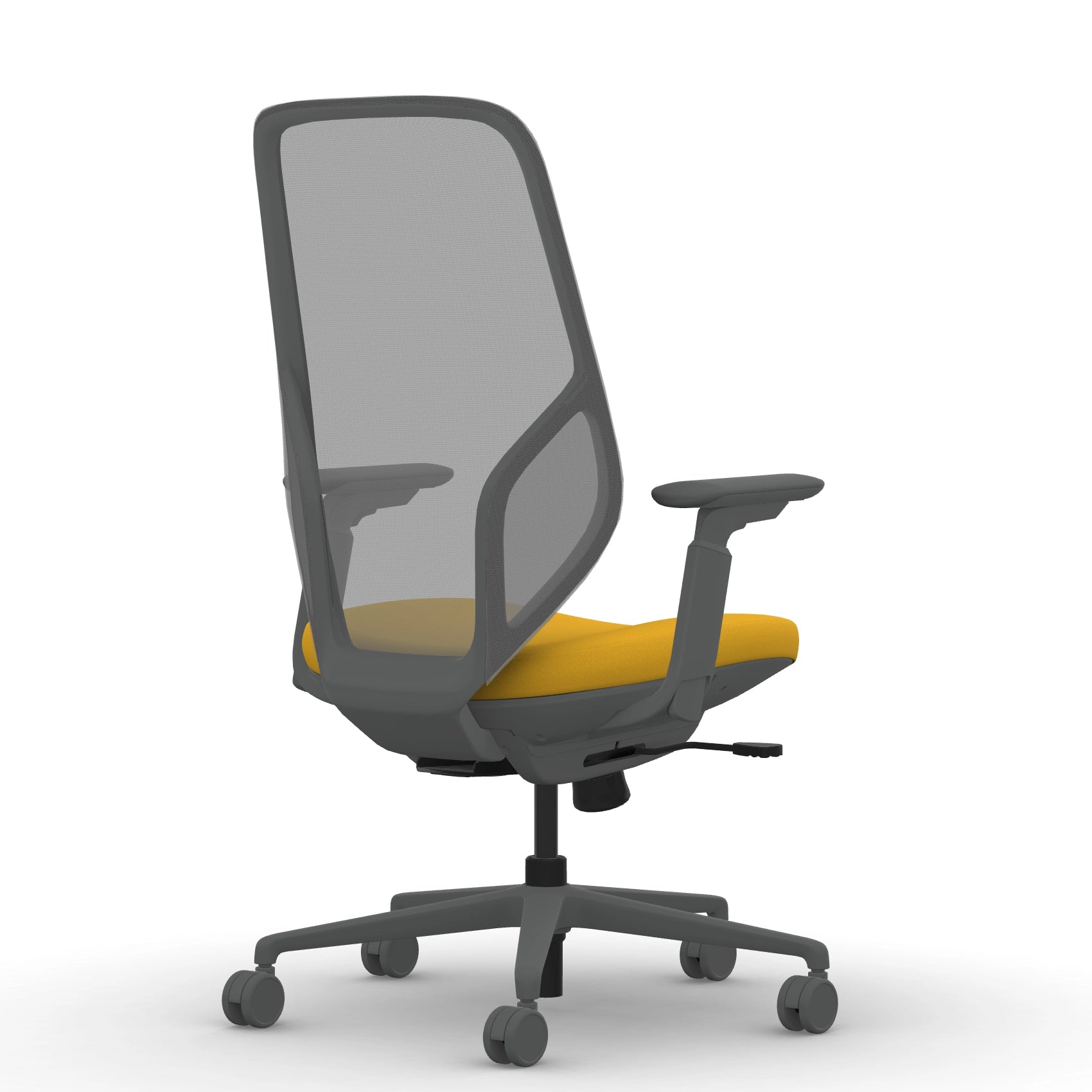 Back view of the 9to5 Tori Highback ergonomic task chair in gray frame, yellow fabric, and gray mesh. Kansas City Office Design.