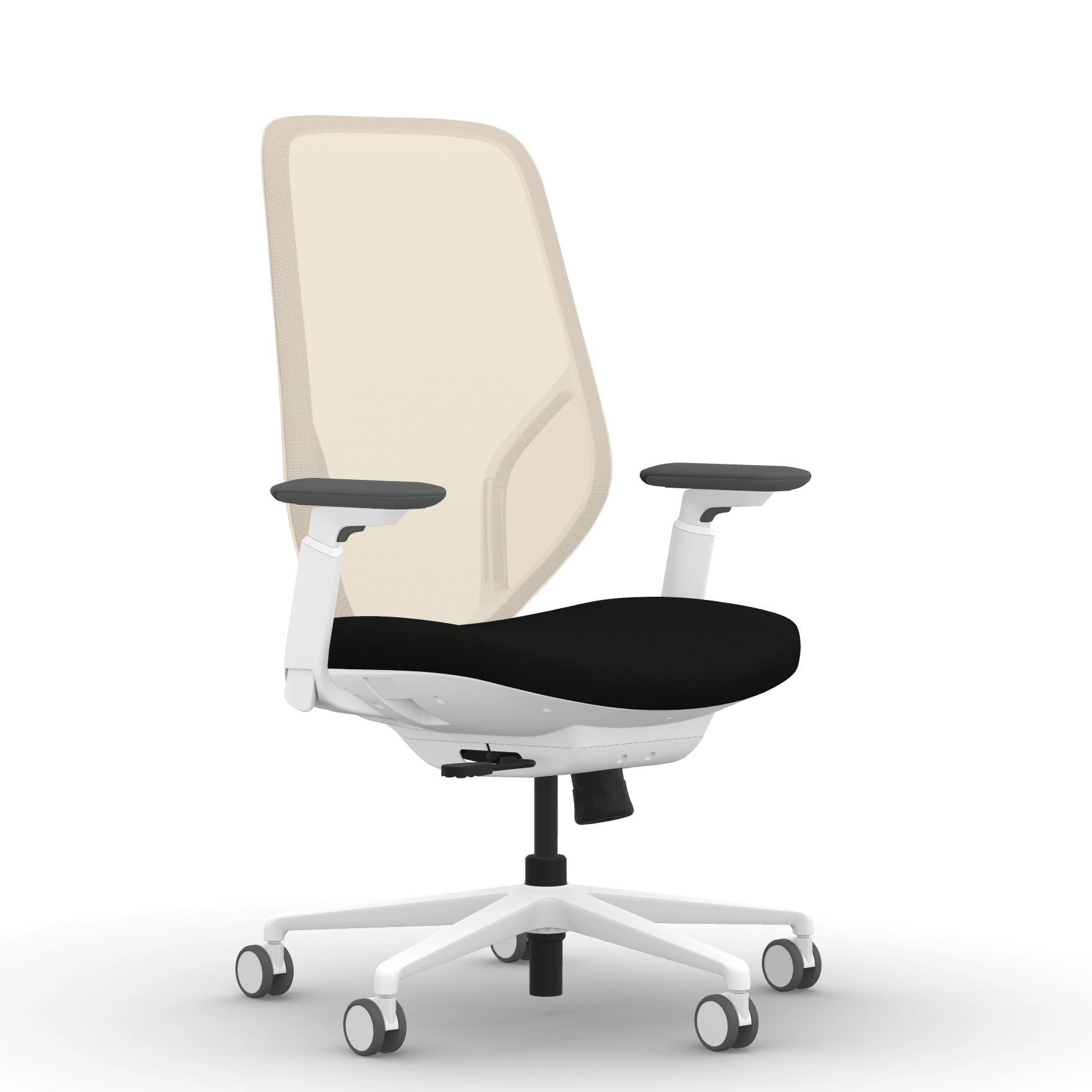 Front view of the 9to5 Tori Highback ergonomic task chair in white frame, black fabric, and white mesh. Kansas City Office Design.