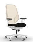 Front view of the 9to5 Tori Highback ergonomic task chair in white frame, black fabric, and white mesh. Kansas City Office Design.