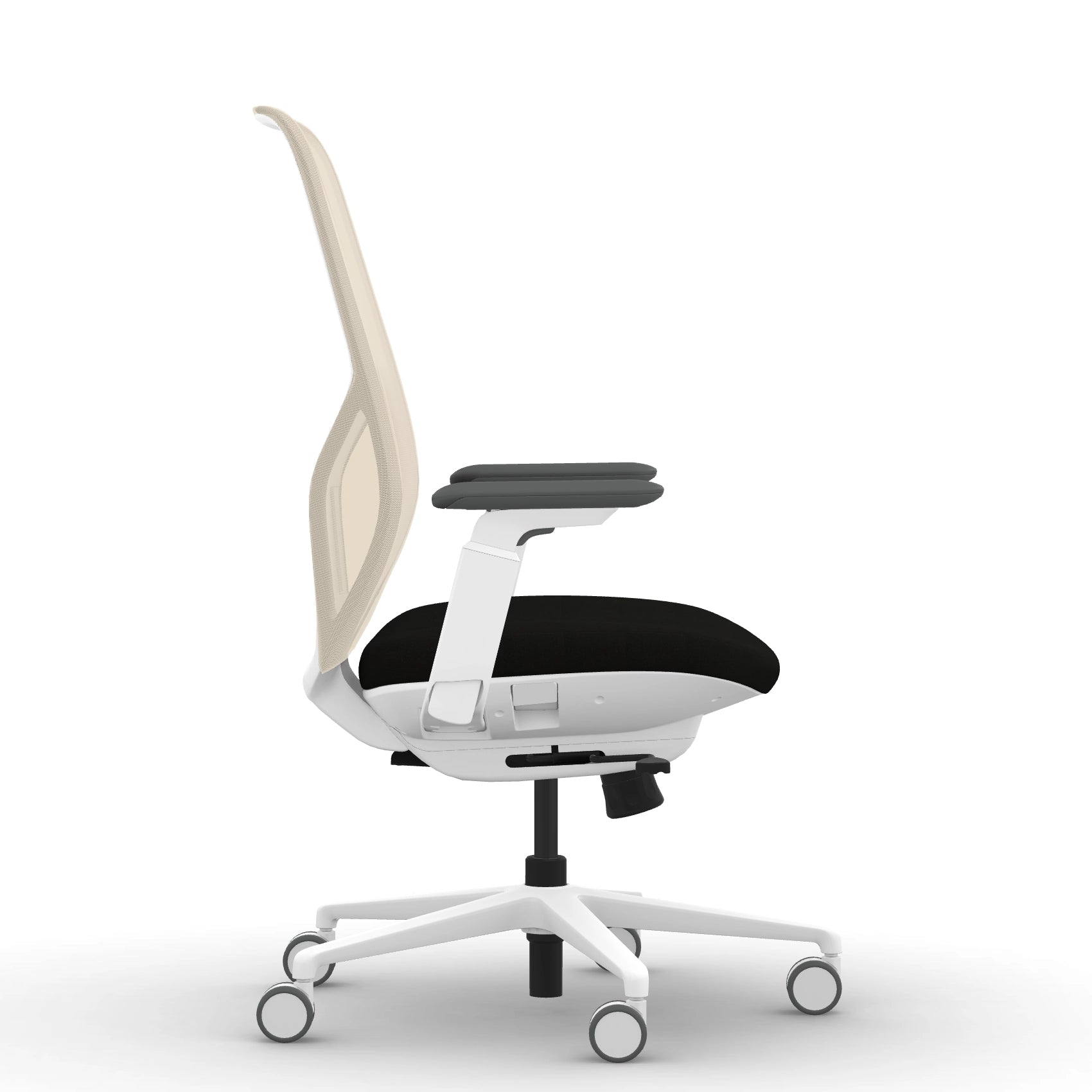 Side view of the 9to5 Tori Highback ergonomic task chair in white frame, black fabric, and white mesh. Kansas City Office Design.