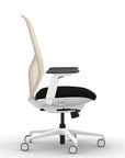 Side view of the 9to5 Tori Highback ergonomic task chair in white frame, black fabric, and white mesh. Kansas City Office Design.