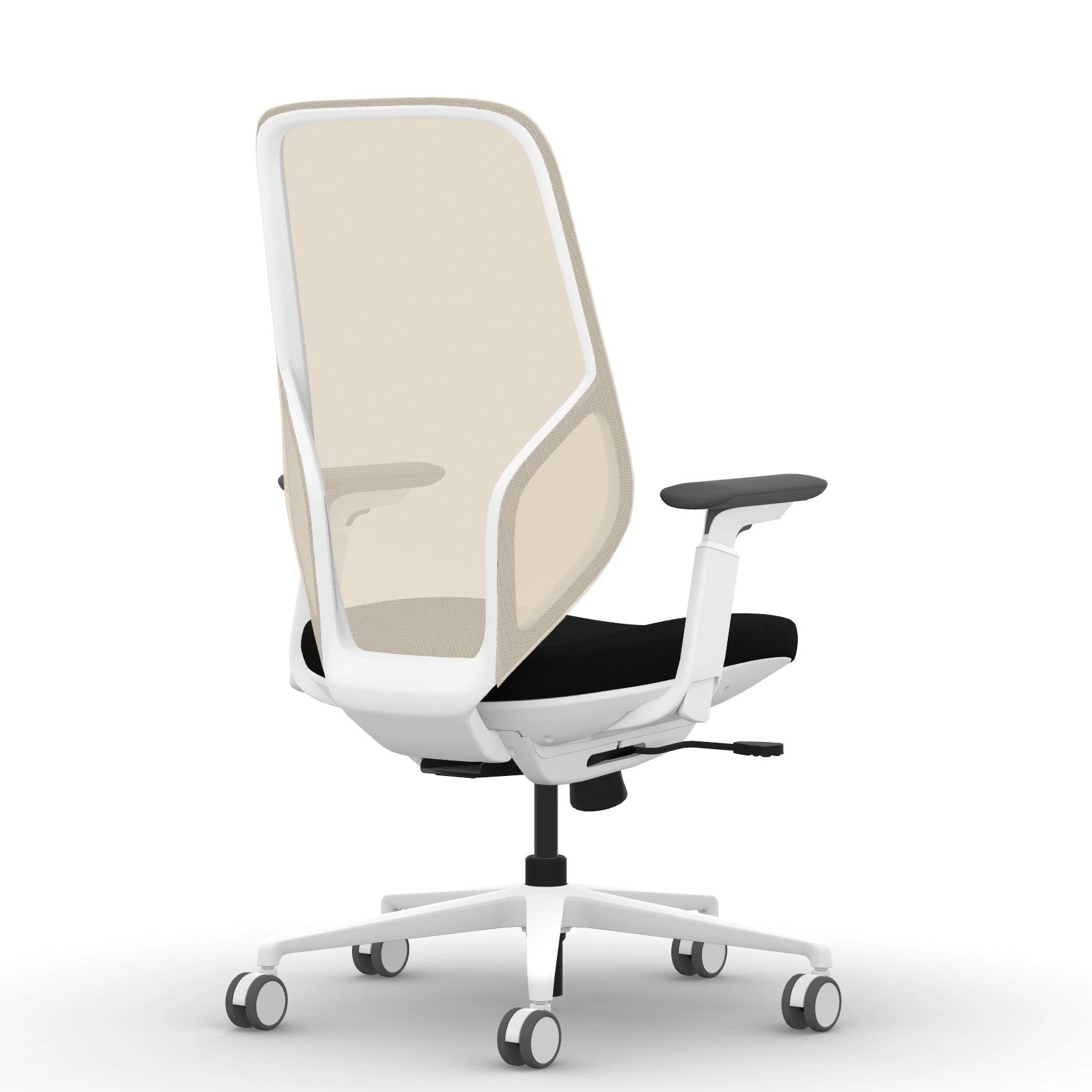 Back view of the 9to5 Tori Highback ergonomic task chair in white frame, black fabric, and white mesh. Kansas City Office Design.