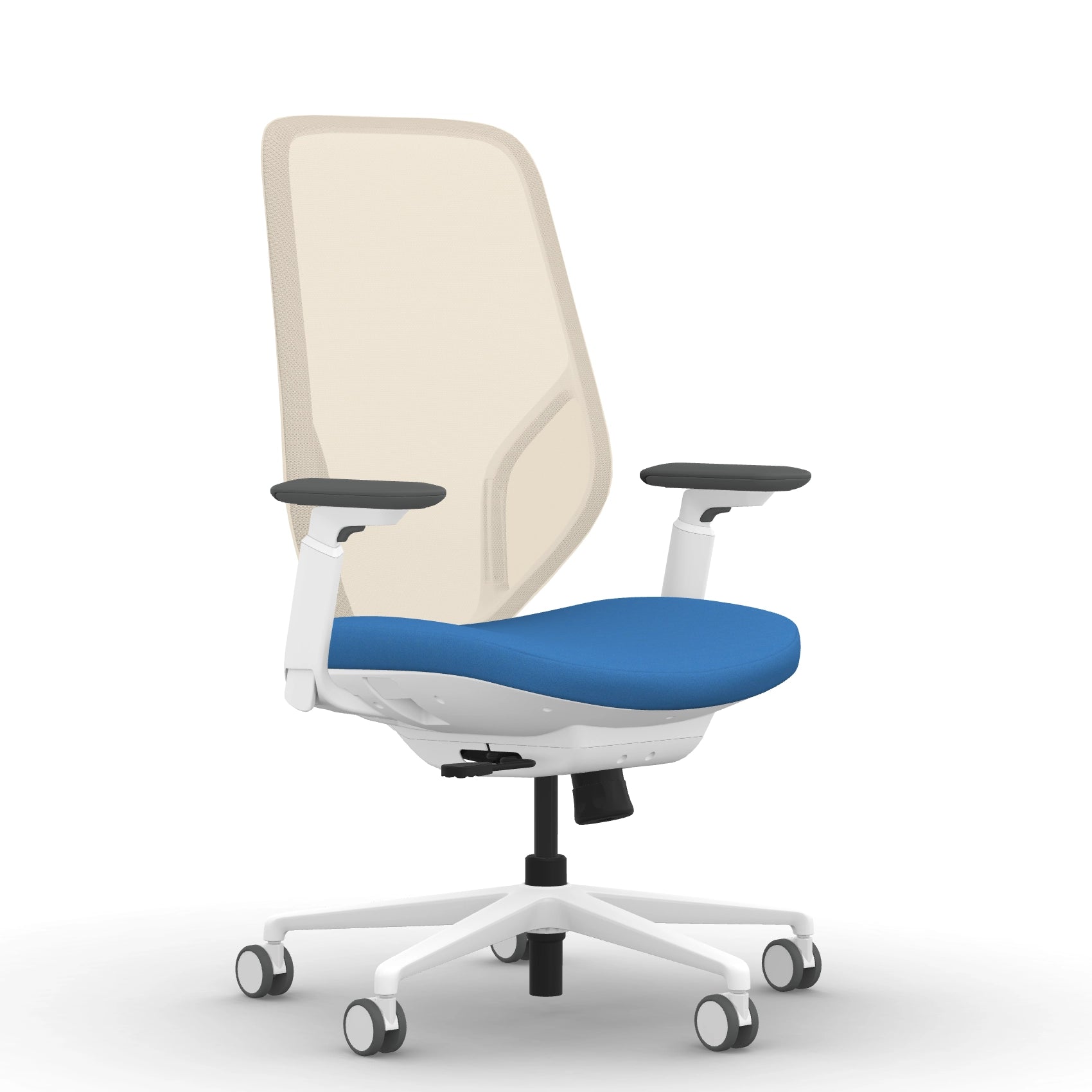 Front view of the 9to5 Tori Highback ergonomic task chair in white frame, blue fabric, and white mesh. Kansas City Office Design.
