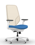 Front view of the 9to5 Tori Highback ergonomic task chair in white frame, blue fabric, and white mesh. Kansas City Office Design.