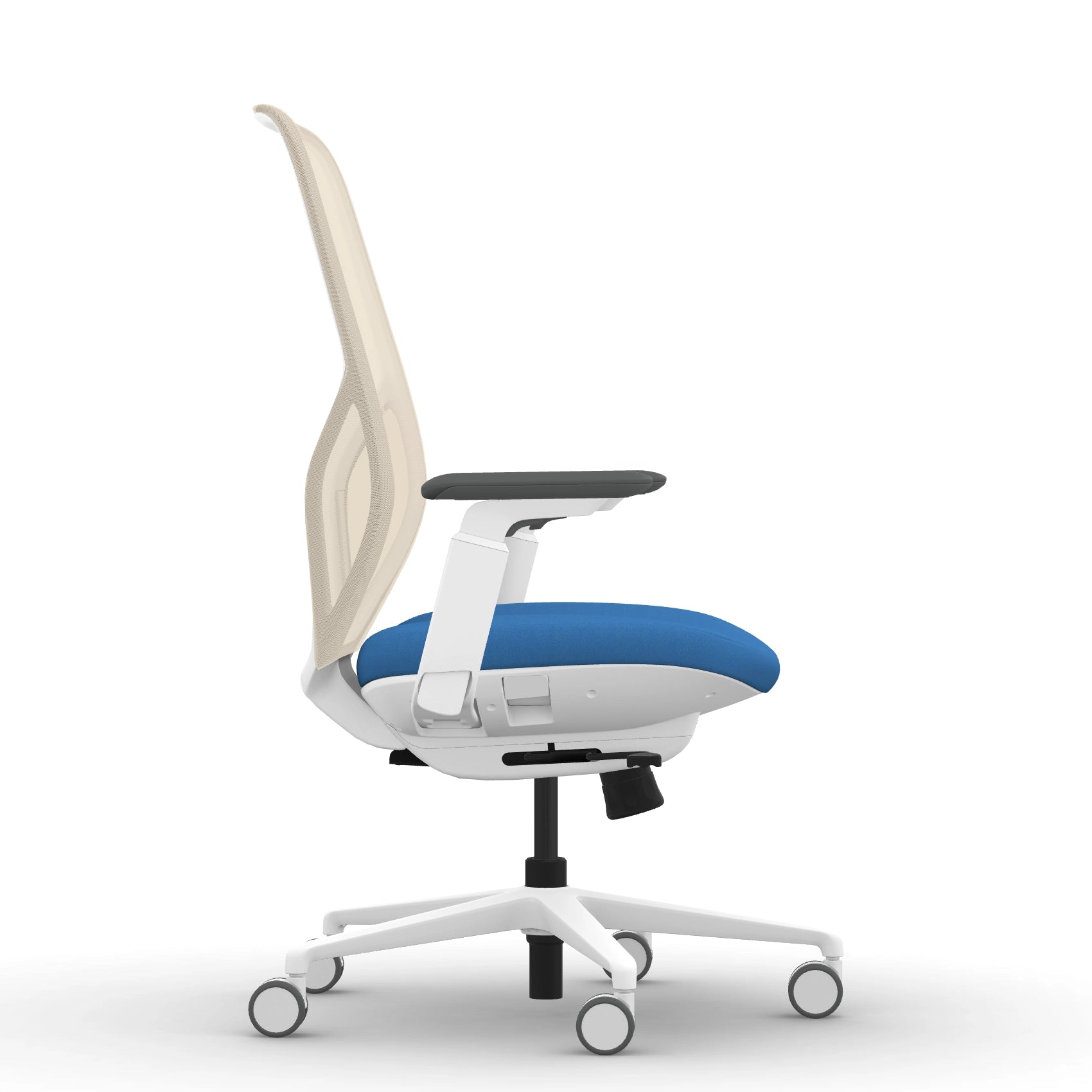 Side view of the 9to5 Tori Highback ergonomic task chair in white frame, blue fabric, and white mesh. Kansas City Office Design.
