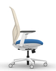 Side view of the 9to5 Tori Highback ergonomic task chair in white frame, blue fabric, and white mesh. Kansas City Office Design.