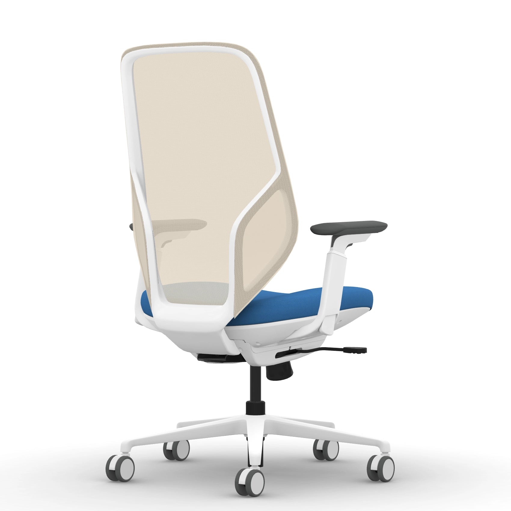Back view of the 9to5 Tori Highback ergonomic task chair in white frame, blue fabric, and white mesh. Kansas City Office Design.