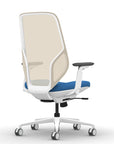 Back view of the 9to5 Tori Highback ergonomic task chair in white frame, blue fabric, and white mesh. Kansas City Office Design.