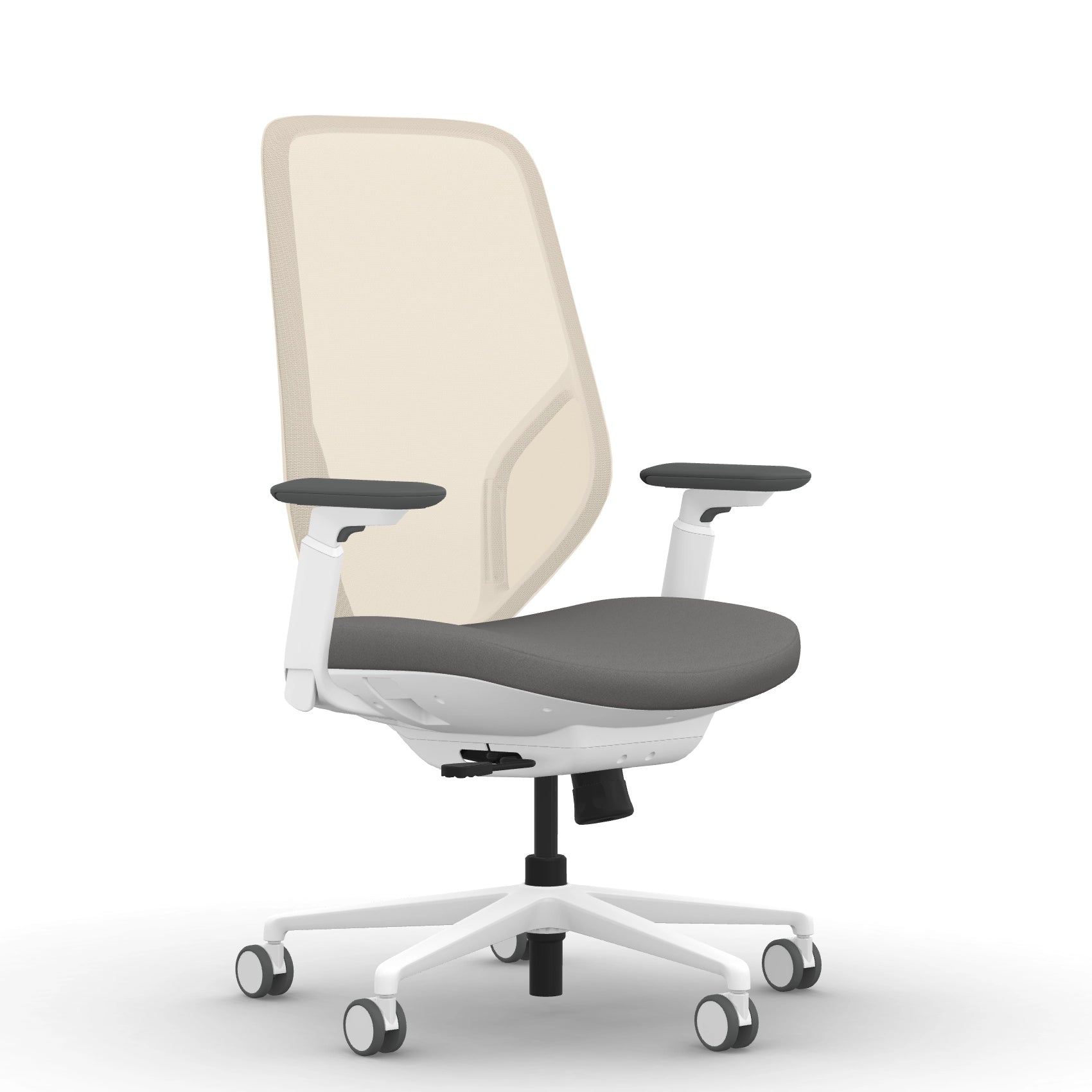 Front view of the 9to5 Tori Highback ergonomic task chair in white frame, gray fabric, and white mesh. Kansas City Office Design.