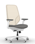 Front view of the 9to5 Tori Highback ergonomic task chair in white frame, gray fabric, and white mesh. Kansas City Office Design.