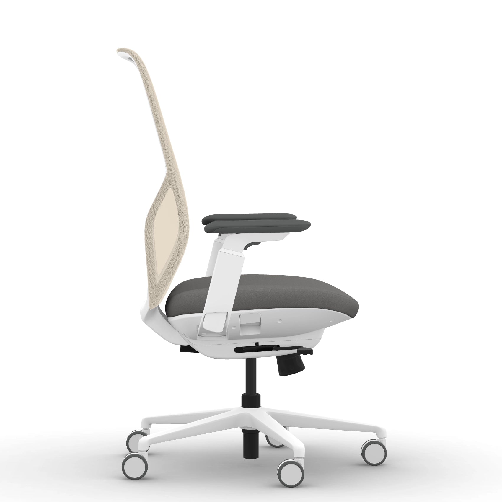 Side view of the 9to5 Tori Highback ergonomic task chair in white frame, gray fabric, and white mesh. Kansas City Office Design.