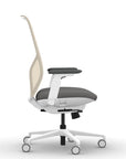 Side view of the 9to5 Tori Highback ergonomic task chair in white frame, gray fabric, and white mesh. Kansas City Office Design.